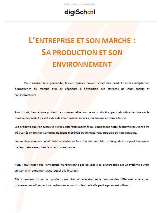 Production et environnement d'une entreprise - Economie Droit - Seconde Pro
