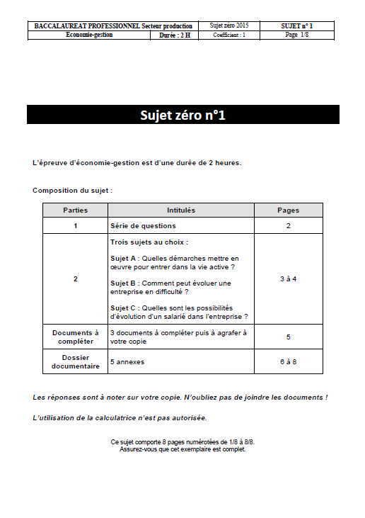 Sujet Zéro - Economie Gestion - Bac PRO