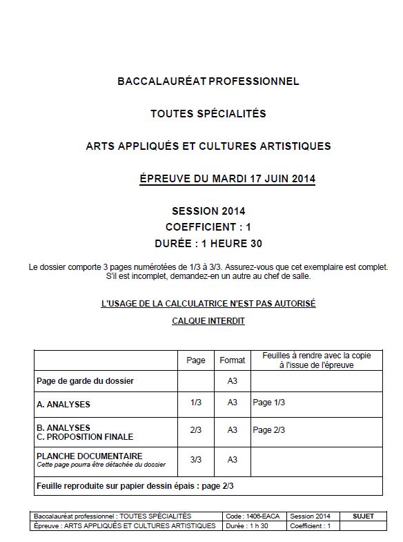 Sujet d'Arts Appliqués Bac Pro 2014