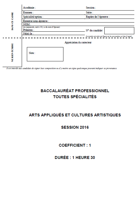 Sujet Arts Appliqués - Bac Pro Métropole 2016