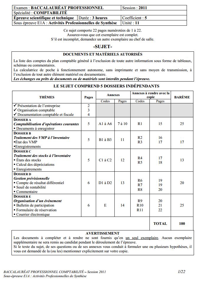 Sujet de Comptabilité du Bac Pro 2011